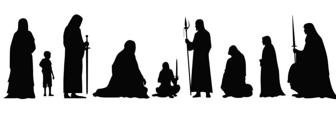 Silhouette of traditional Arabic family members in Islamic clothing holding sword and spear sitting and standing in flat minimalist vector style