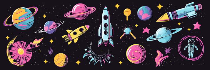 Colorful retro space cartoon vector set with planets stars rockets astronaut cosmic elements stylized flat design isolated on black background vibrant stickers collection