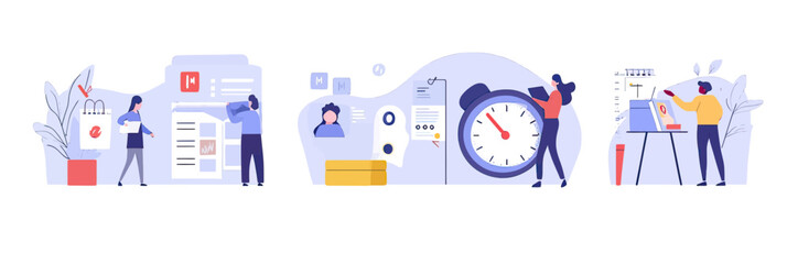 Business people organizing tasks and time management strategy with calendar clock checklist documents teamwork productivity concept flat vector illustration