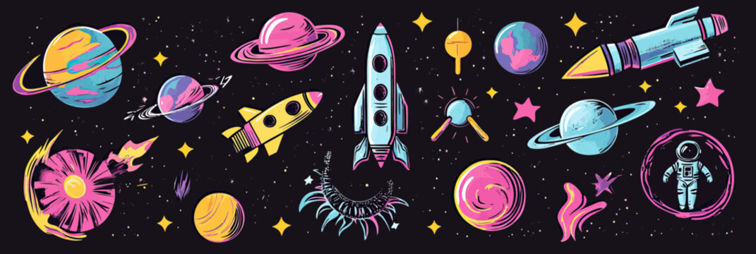 Colorful retro space cartoon vector set with planets stars rockets astronaut cosmic elements stylized flat design isolated on black background vibrant stickers collection