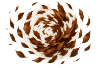 Cowhide pattern vortex with brown and white fur swirling, abstract animal print spiral design