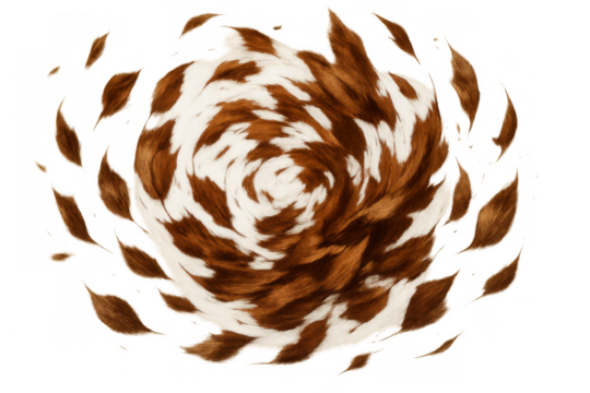 Cowhide pattern vortex with brown and white fur swirling, abstract animal print spiral design