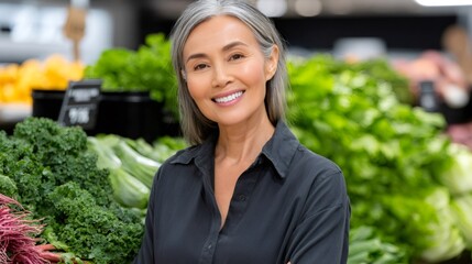 Asian mature woman smiling in supermarket produce aisle