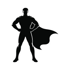Silhouette of a powerful superhero standing with cape flowing