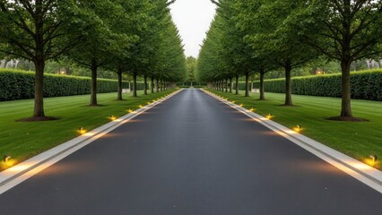 A long, paved driveway lined with trees, leading towards the horizon.