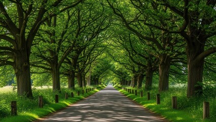 A tree-lined road stretches into the distance, creating a green canopy overhead.