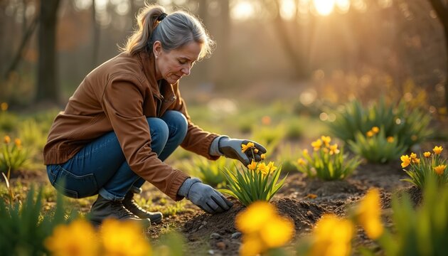 Middle aged woman plants yellow daffodils in garden at sunrise. Wears gloves, works outside in spring. Gardener enjoys nature, hobby. Woman tends to flowers, nurturing green plants, creating colorful - Powered by Adobe