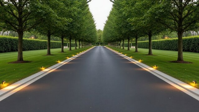 A long, paved driveway lined with trees, leading towards the horizon.