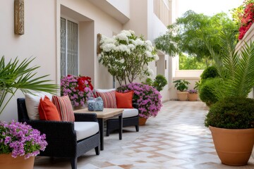 Outdoor patio lounge area with lush flowering plants