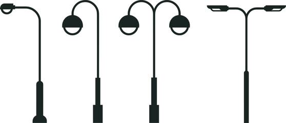 Four black silhouette street lamps with different designs on white background lamppost light