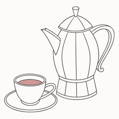 Simple line drawing of a classic moka pot coffee maker and a cup of coffee on a saucer