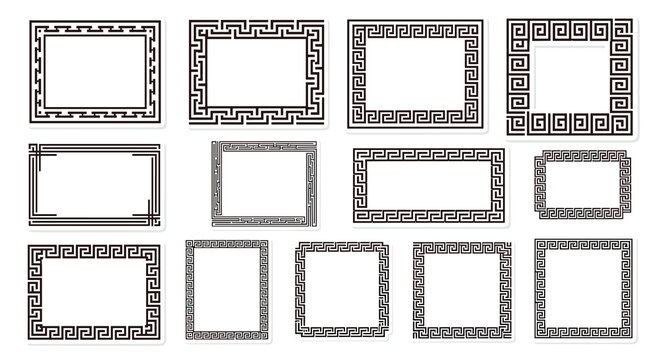 Collection of Greek key pattern frames and borders in various square and rectangular shapes for classic and historical designs.