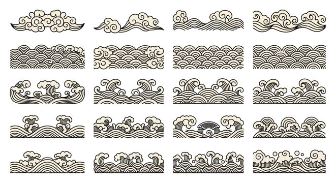 Collection of traditional Japanese and Chinese wave patterns and cloud borders in a classic black and white oriental line art style.