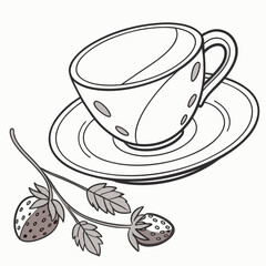 A simple line drawing of a white teacup and saucer with polka dots next to a strawberry plant with two ripe strawberries