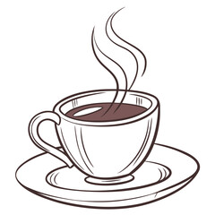 A simple line drawing of a steaming cup of coffee on a saucer with swirling steam rising upwards
