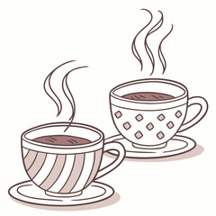 Two charming hand drawn cups of hot steaming coffee or tea with decorative patterns on white background