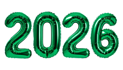 inflated reflective glassy green color inscription 2026 isolated on transparent background, png