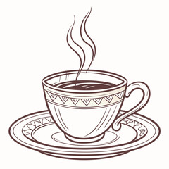 Stylized illustration of a steaming cup of coffee on a decorative saucer with a simple line art design and warm beverage