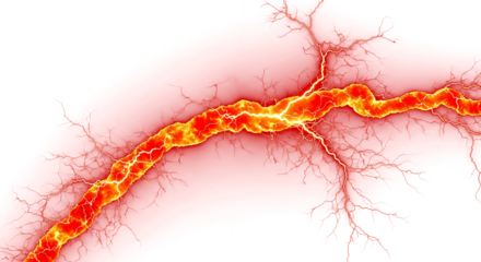 Fiery lightning bolt cracks across black void, electric energy crackles with intense power and heat