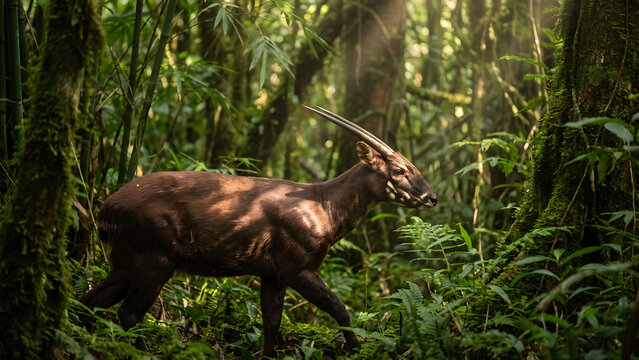 Saola Rare Endangered Bovine Walks Dense Tropical Forest