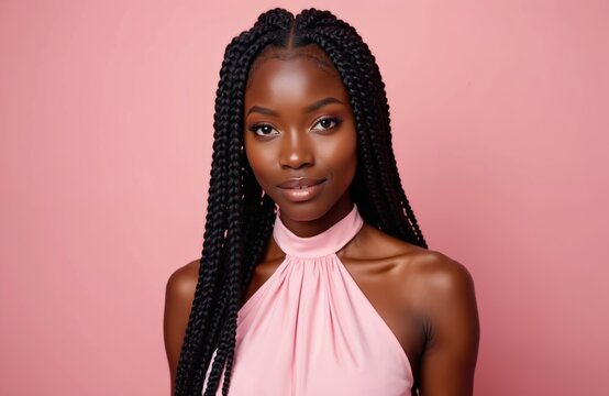 Young black woman with long box braids hairstyle wears pink halter top. She has full face makeup and poses against pink backdrop. Her ethnic beauty and fashion style are evident. Studio shot.