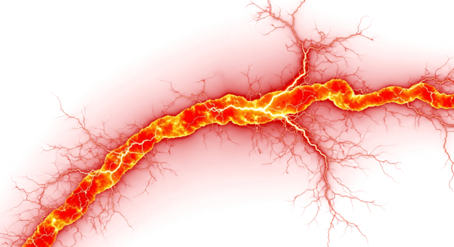 Fiery lightning bolt cracks across black void, electric energy crackles with intense power and heat