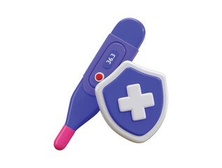 Thermometer with shield medical symbol icon 3d render concept of temperature measure for secure safety protection icon vector illustration