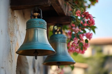Obraz premium Bronze mission bells hanging on wooden beam