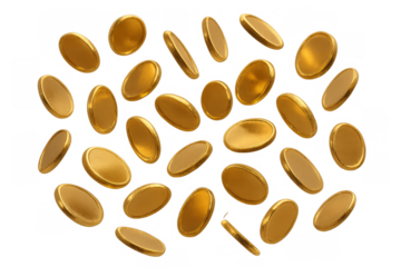 Golden coins falling, symbolizing wealth, luck, success, reward, finance, investment, and jackpot on a transparent background