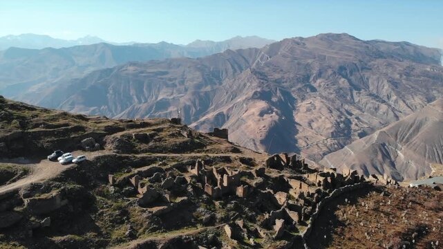 Aerial view of ancient stone ruins in caucasus mountains. Media