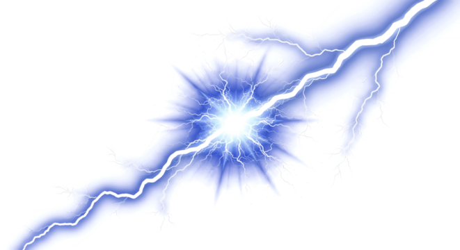 Striking blue lightning bolt illuminates dark night sky creating powerful energy for dramatic digital design
