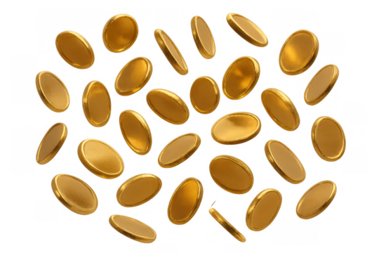 Golden coins falling, symbolizing wealth, luck, success, reward, finance, investment, and jackpot on a transparent background
