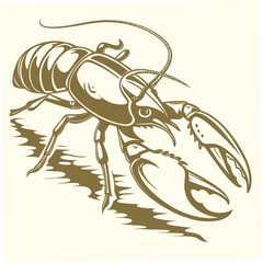 Stylized golden crayfish illustration with shadow on a cream background a detailed drawing of a crustacean