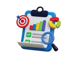 Stock trading graph with clipboard icon 3d render concept of Business graph, magnifying glass, Dart target, Business planning board icon vector illustration