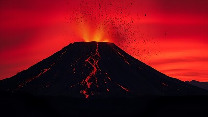 capitulating. Volcanic eruption launching rocks into a dark red sky, dramatic natural scene. travel magazines, destination branding, designed for travel destination branding, used by store managers.