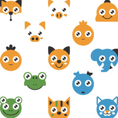 Cute Animal Faces Vector | Kids Cartoon Illustration