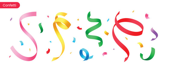 Vibrant curling confetti ribbons in red, yellow, green, blue, and pink on a white background. Perfect for party themes, birthdays, celebrations, festive decorations, banners, and event designs.
