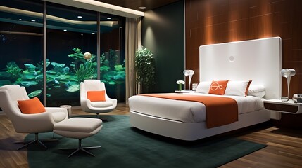 Designer suite featuring recessed orange foam mattress, emerald green grid wall, central art piece, and glossy white U-shaped sofas with wooden slab table 