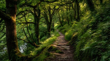 Obraz premium Lush Green Forest Path Winding Through Dense Woodland with Sunlight Filtering Through Trees.