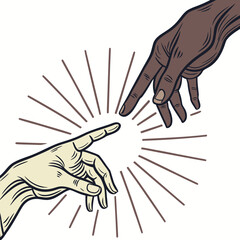 Two hands one light skinned and one dark skinned reaching towards each other with fingers nearly touching