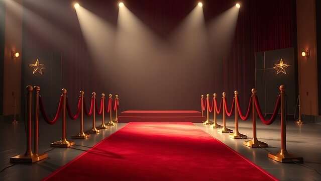 tunicle. Empty award podium on red carpet with velvet ropes, ceremonial space with soft lighting. event programs, museum guides, designed for cultural heritage projects and event programs.