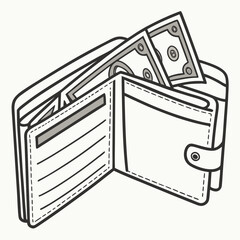 Open black and white line art illustration of a wallet with cash and credit cards peeking out