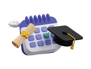 Graduation date icon 3d render concept of Calendar with graduation hat and diploma certificate icon vector illustration  