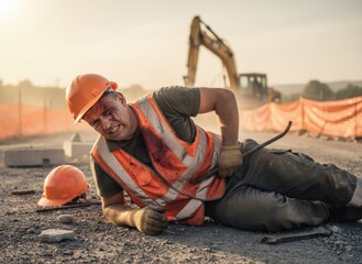 Construction Site Injury: Injured Worker Lying on Ground After Accident, Hard Hat Fallen, Excavator in Background