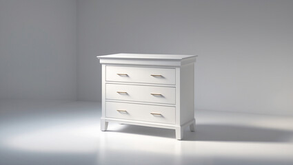 Chest of 3 drawers with sleek hardware and crisp edges, painted a clean and pure white color, isolated on a solid white background