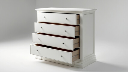 Chest of 4 drawers with sleek hardware and crisp edges, painted a clean and pure white color, isolated on a solid white background