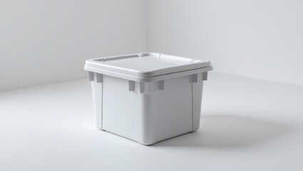 Plastic bin with a securely closed lid, its surface smooth and made of durable plastic, painted a crisp white color, isolated on a solid pure white background