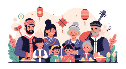 Multi-Generational Asian Family Wearing Traditional Clothes Celebrating a Cultural Festival with Food and Music