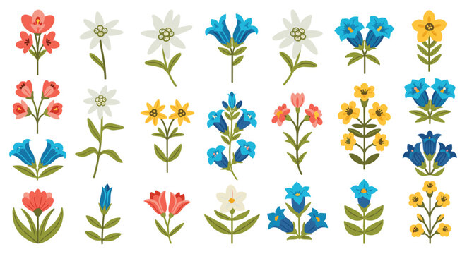 Vibrant collection of alpine mountain flowers including edelweiss and gentian in a colorful, stylized folk art vector set.