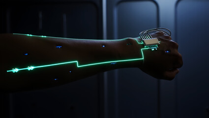 Human arm with glowing green digital circuit lines and embedded blue lights in a dark setting